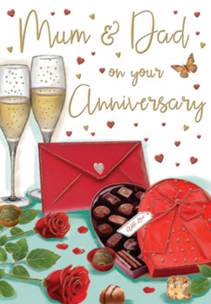 This anniversary card artwork offers a romantic still life that could easily mirror a lovingly prepared table in a Seven Sisters flat on a special evening. At its heart are two tall champagne flutes, placed close together in a subtle gesture of unity. Their crystal-clear sides catch warm light, and inside each glass a pale golden fizz rises in delicate streams, suggesting the imminent clink of a celebratory toast. In front of the glasses is a heart-shaped chocolate box, coloured in deep, passionate red, topped with a sumptuous bow crafted from wide satin ribbon. The bow's loops and trailing ends give a sense of soft texture, as though you could almost run your fingers over them. The lid of the box is lifted enough to reveal an assortment of chocolates, each nestled neatly in its own little compartment, with a few carefully placed pieces scattered on the table to hint at indulgent tasting. To one side rest two red roses, their petals lush and velvety, layered in rich shades of crimson that recall the kind of premium stems a florist would hand-select for an anniversary bouquet in Seven Sisters. Their green leaves arc around them, adding a natural frame of freshness. A bright scarlet envelope sits nearby, sealed and slightly tilted, suggesting handwritten words of love and gratitude exchanged between Mum and Dad. Sprinkled across the background are tiny hearts in gold and ruby, gently orbiting the main elements, and there are softly scripted greetings that complete the message of enduring affection. The scene feels intimate and heartfelt, like a moment of quiet celebration in Seven Sisters, where champagne, chocolates, and roses come together to honour a life shared.